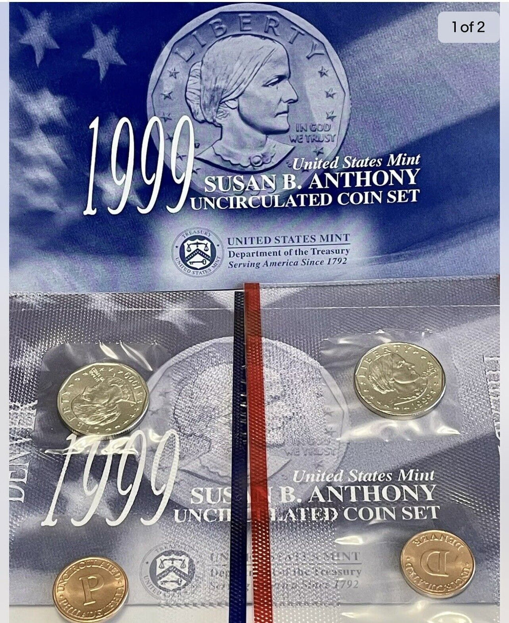 1999 P & D Susan B Anthony Dollars Souvenir 2 Coin Mint Set w/Mint Tokens Uncirc