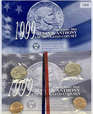 1999 P & D Susan B Anthony Dollars Souvenir 2 Coin Mint Set w/Mint Tokens Uncirc