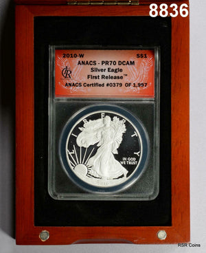 2010 W SILVER EAGLE FIRST RELEASE ANACS CERTIFIED PR70 DCAM IN WOOD BOX! #8836