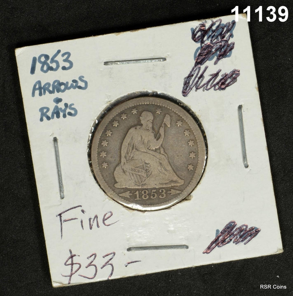 1853 ARROWS & RAYS SEATED LIBERTY QUARTER FINE #11139