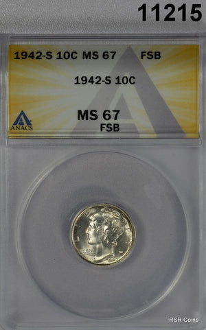 1942 S MERCURY DIME ANACS CERTIFIED MS67 FSB SOME GOLDEN COLORS! WOW!! #11215
