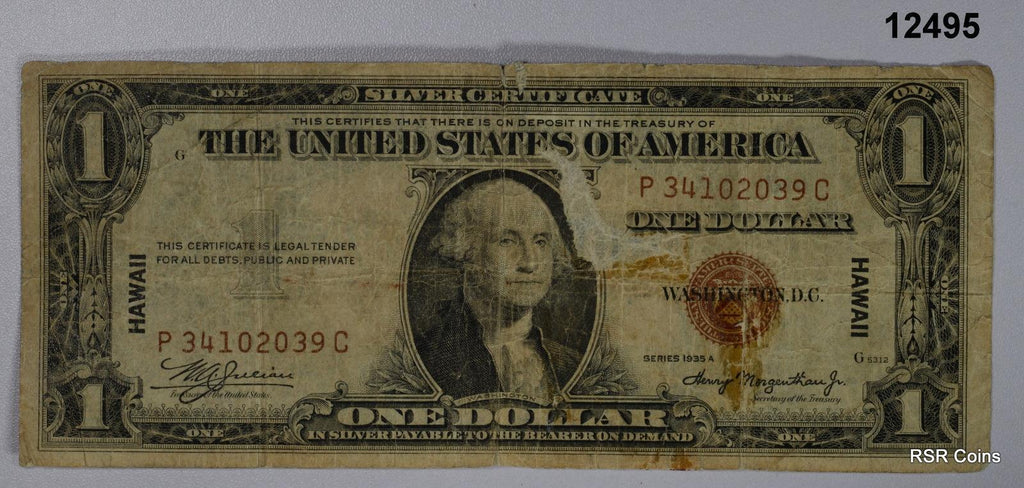 1935 A SERIES $1 SILVER CERTIFICATE WWII HAWAII EMERGENCY BROWN SEAL #12495
