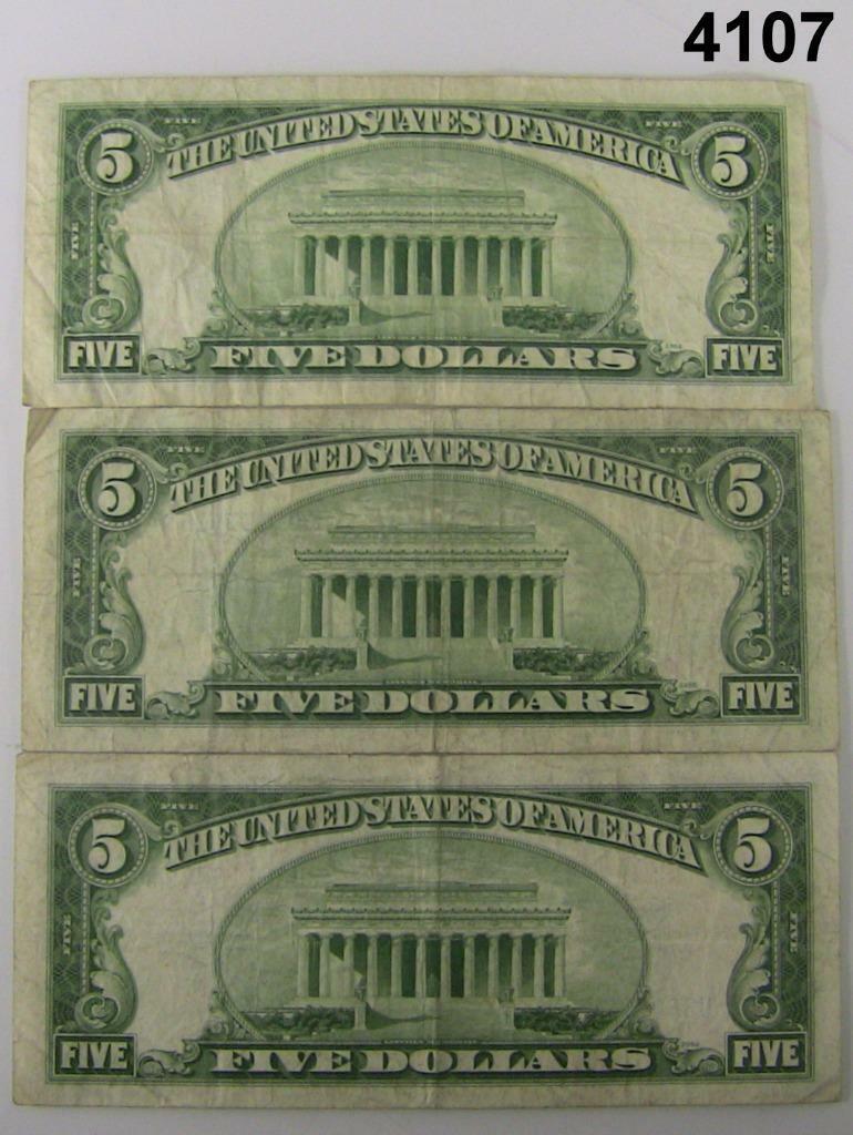 (2) 1953A (1) 1934D $5 SILVER CERTIFICATES BLUE SEAL F-VF 3 NOTE LOT #4107