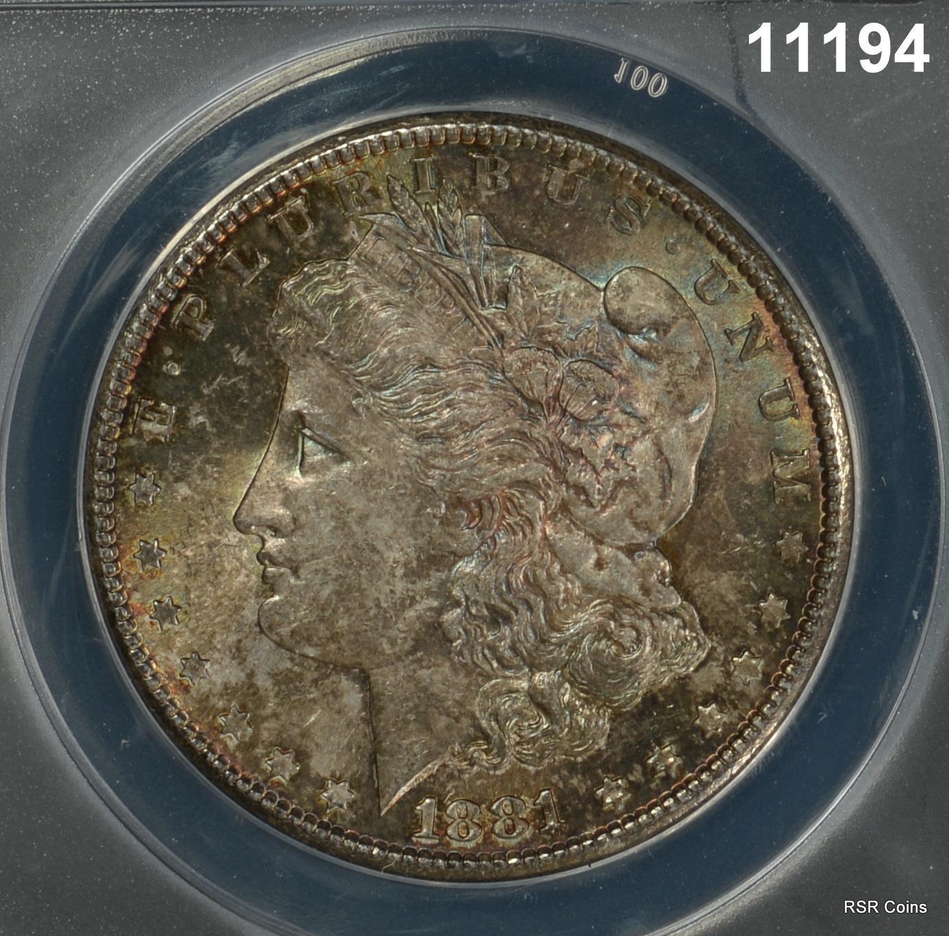 1881 S MORGAN SILVER DOLLAR ANACS CERTIFIED MS64 BLUE, GOLD 2 SIDED WOW #11194
