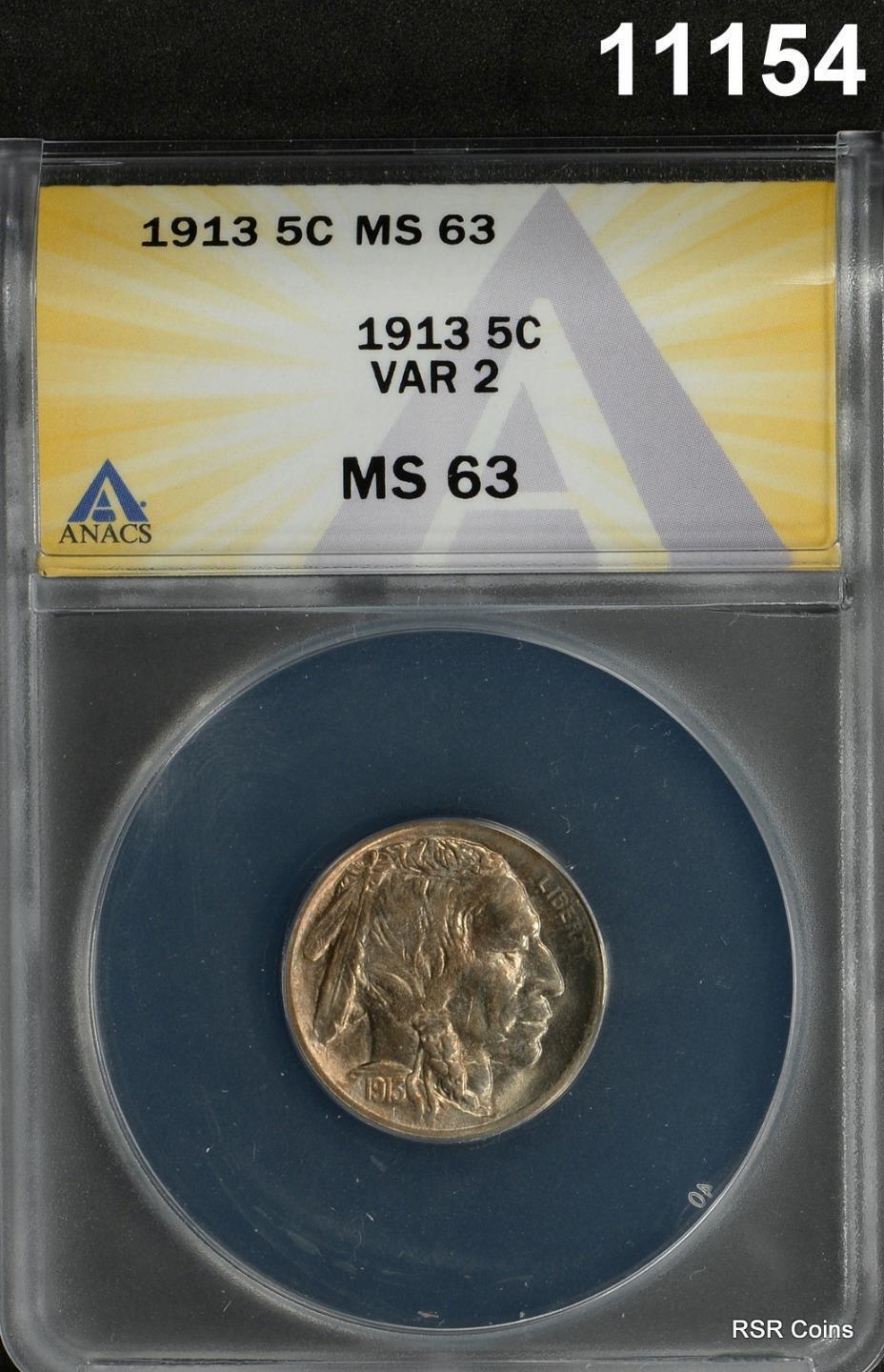 1913 TYPE 2 BUFFALO NICKEL ANACS CERTIFIED MS63 GOLDEN COLORS WOW! #11154